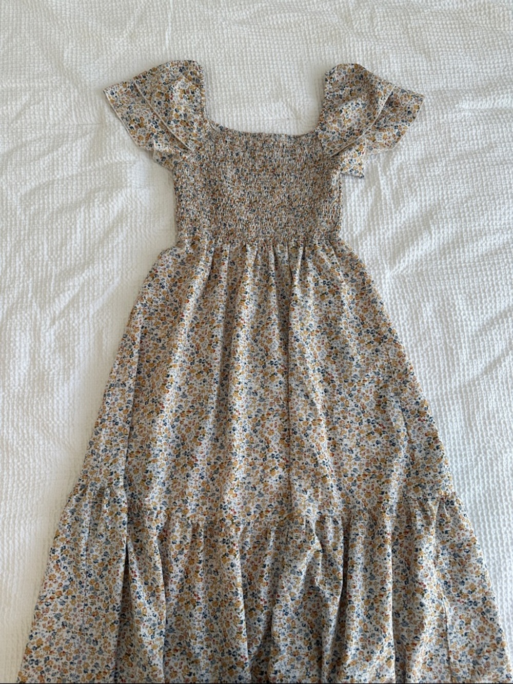 SHEIN Beige Floral Midi Dress with Smocked Bodice